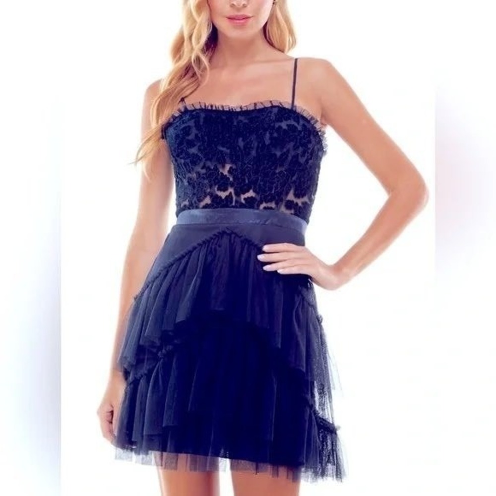 City Studio‎ Navy Velvet Floral Tulle Ruffle Strapless Formal Dress Sz 5 Jr NWT